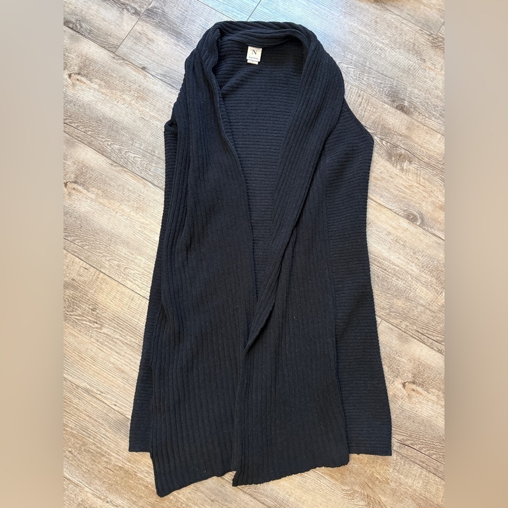 Natori Black Ribbed Knit Open Front Sleeveless Duster Cardigan Medium Soft Cozy